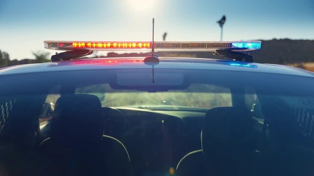 Police vehicle with red and blue emergency lights flashing on roof light bar during daytime. Law enforcement patrol car parked outdoors with sun flare and clear sky in background.