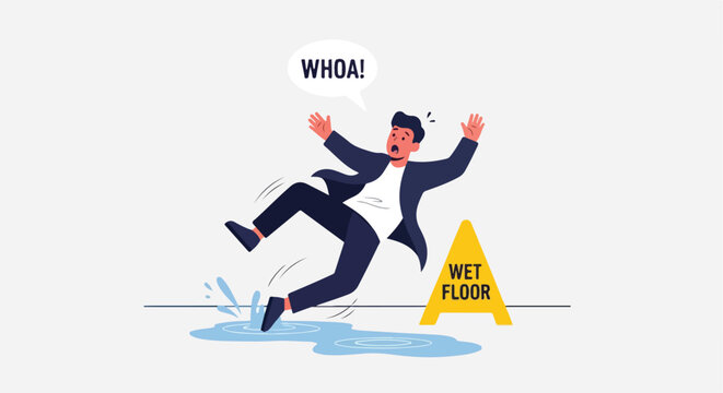 A man slips on a wet floor puddle near a yellow caution sign, shouting in alarm