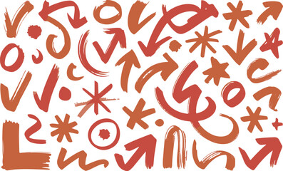 Fototapeta premium Various hand drawn arrows circles stars and check marks in orange and red on transparent background.