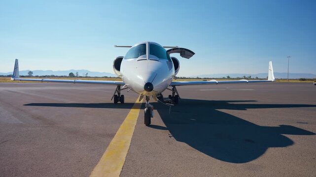 White private jet aircraft parked on airport tarmac with door open and stairs deployed. Front view of luxury business plane on runway with clear blue sky and mountains in background.