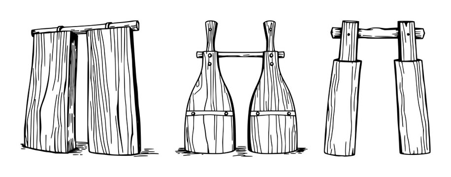 Wooden bellows set with hand-inked line art illustration of a furnace bellows featuring wooden tooling, industrial craft, single-line drawing with white background and black line