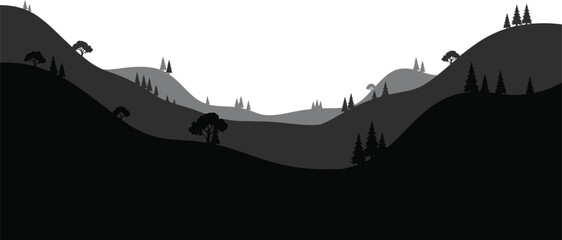 Obraz premium Mountain Hills Horse Rider Silhouette Vector Landscape Nature Adventure Background Illustration