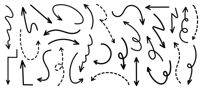 A collection of various arrows, including curved, straight, and dashed arrows. These arrows are black and feature different styles and directions. Doodle arrow vector set.