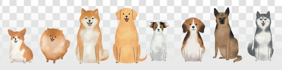 Illustration of various dog breeds in a row. Includes a Corgi, Pomeranian, Shiba Inu, Labrador, Beagle, German Shepherd, and Husky. Cute dog art, diverse dog breeds. Isolated animal vector set. © Rawpixel.com
