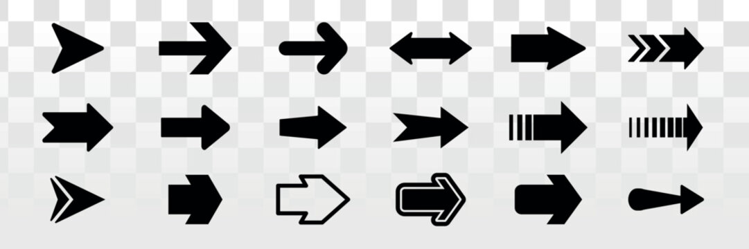 Collection of black arrow icons in various styles and directions. Arrows pointing left, right, up, and down. Simple arrow designs for navigation and direction. Arrow icon vector set.