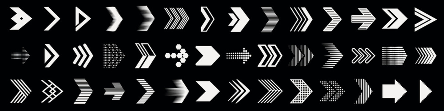 A collection of various white arrow designs on a black background. The arrows vary in style, size, and direction, creating a dynamic and diverse visual pattern. Arrow icon vector set.