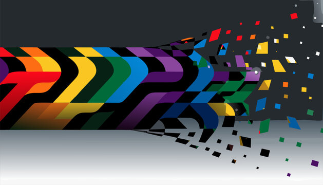 A vibrant and dynamic vector graphic illustration of colorful arrows exploding into geometric shapes