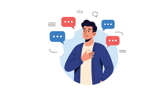 Sincere man with his hand on his chest surrounded by speech bubbles representing honest communication and kind words.