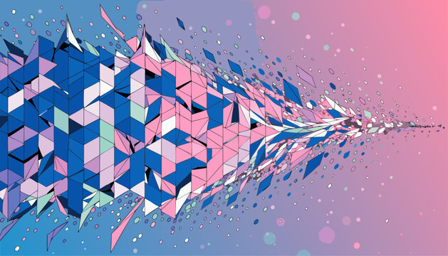 A vibrant geometric illustration of exploding polygons in shades of blue and pink on a gradient background
