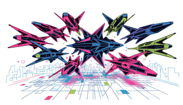 A vibrant vector graphic illustration of futuristic fighter jets flying over a cityscape with a grid design