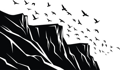 Obraz premium Mountain Cliff Birds Silhouette Vector Landscape Nature Freedom Background Illustration