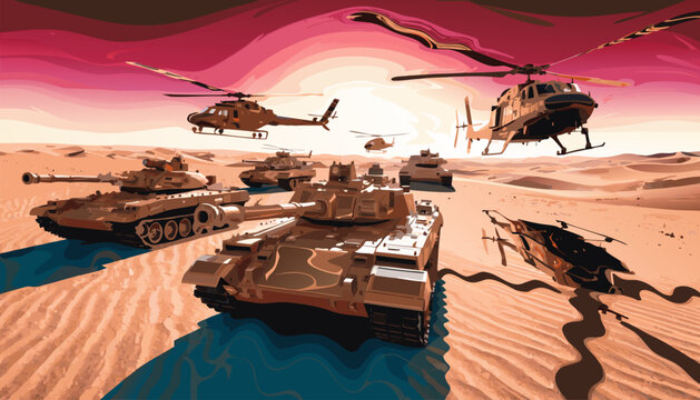 A vector graphic illustration of military tanks and helicopters in a desert landscape with a vibrant pink and orange sky