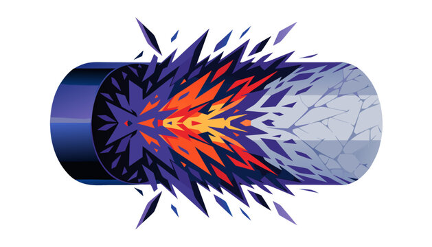 A vibrant vector graphic illustration of a cylindrical object exploding with colorful flames and shards
