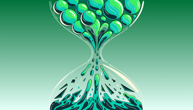A vector graphic illustration of an hourglass with green liquid and bubbles on a gradient background