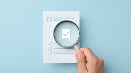 Fototapeta premium Hand Holding Magnifying Glass Over Document with Checklist Symbols on Blue Background
