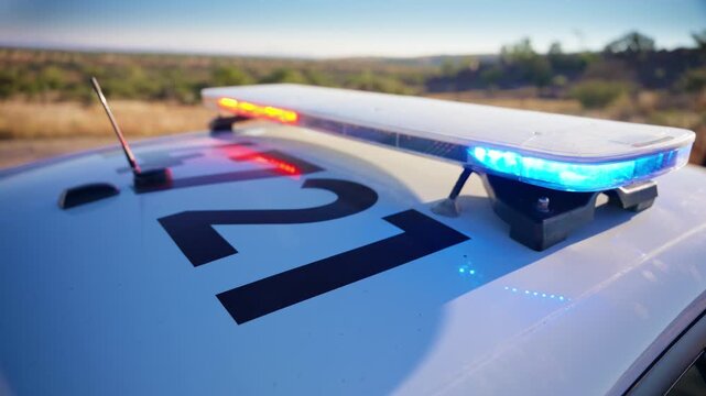 Close-up view of police vehicle roof showing unit number 21 with red and blue emergency lights flashing. Patrol car parked in arid countryside with distant hills and vegetation visible.