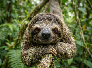 Fototapeta premium Cute three-toed sloth smiling on a tree branch