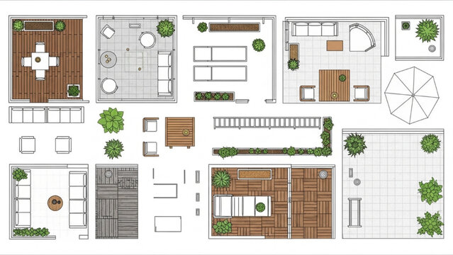 Top View Balcony Furniture CAD Symbols Set, 2D Floor Plan Vector Icons for Outdoor Interior Design Terrace Layout