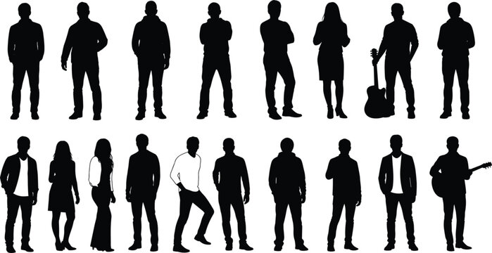 Large collection of realistic black people silhouettes in various standing poses featuring men women musicians with guitars and casual business professionals for architectural scale and design project