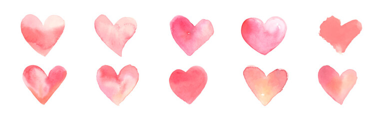Fototapeta premium Set of watercolor hearts in pink and red hues. Watercolor hearts in shapes. Pink and red hearts for romantic designs. Artistic watercolor heart collection. Valentine illustrations, isolated vectors.