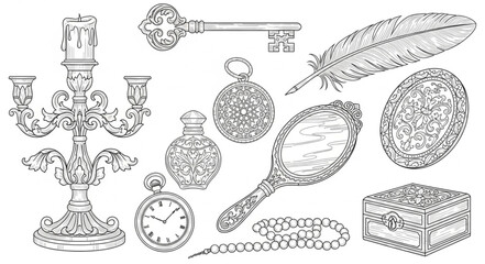 Ornate Collection of Vintage Objects - Candelabra, Key, Perfume Bottles, and More. © Sukses