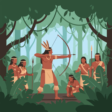 Indigenous tribes hunting in lush, green jungle with bow and arrow illustration