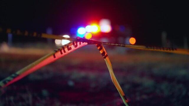 Yellow police caution tape stretched across a nighttime crime scene with colorful bokeh lights from emergency vehicles flashing red and blue in the background creating a dramatic tense atmosphere.