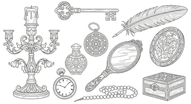Ornate Collection of Vintage Objects - Candelabra, Key, Perfume Bottles, and More.