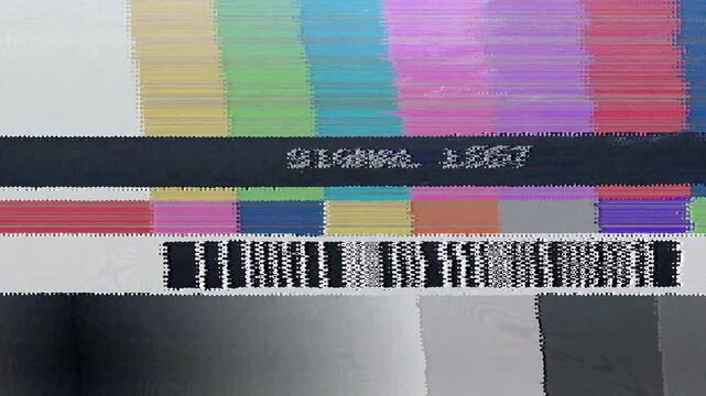 Retro Television Broadcast Signal Lost Error Display, Featuring Colorful Test Bars and a Digital Glitch Effect