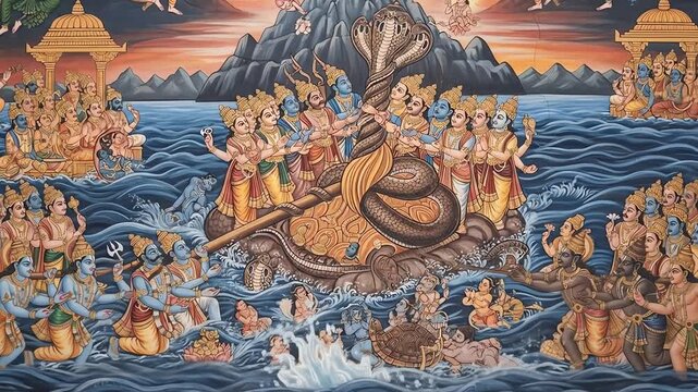 Vibrant Hindu painting depicting the Samudra Manthan, the cosmic churning of the ocean by gods and demons to obtain the nectar of immortality.