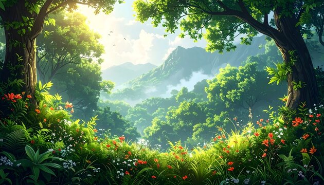 Paisaje de selva exuberante con vegetaci&oacute;n tropical enmarcando monta&ntilde;as y luz suave al amanecer