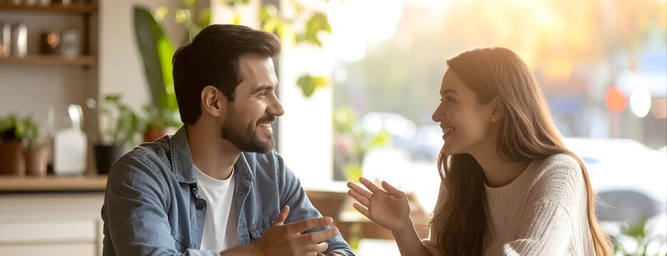 Hombre y mujer conversando en una cafeter&iacute;a con luz natural y ambiente acogedor