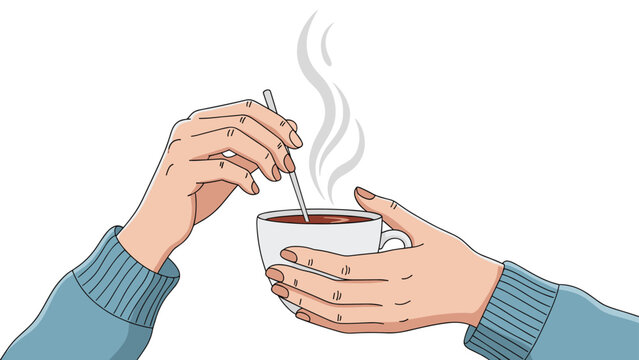 Close up of hands holding a warm steaming cup of coffee or tea while stirring it gently with a spoon during a break.