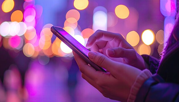 Hands use a phone in a blurred city lights scape; shades of purple and orange bokeh