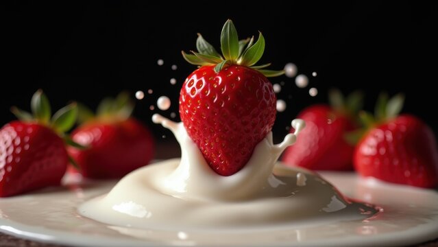 Ripe red strawberries falling into cream in slow motion, splashing white droplets, dark moody background, macro 100mm lens cinematic commercial food photography saturated colors