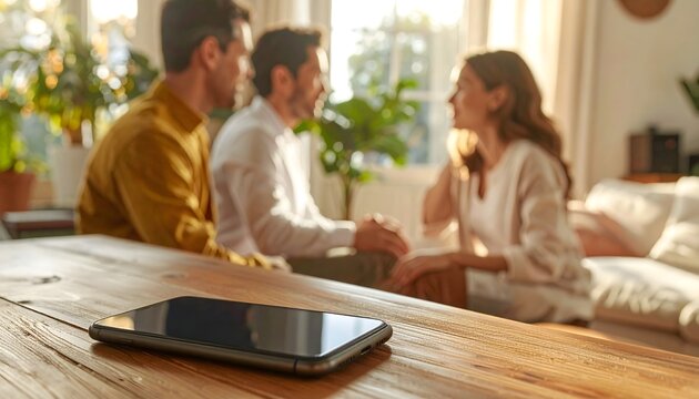 Tel&eacute;fono m&oacute;vil sobre mesa de madera con pareja y terapeuta desenfocados en sesi&oacute;n de terapia de pareja