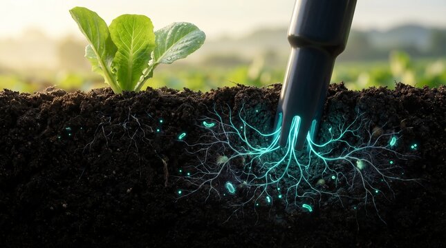 Innovative smart farming concept showing a young plant with glowing roots interacting with advanced agricultural technology for optimal growth and nutrient absorption in rich soil.