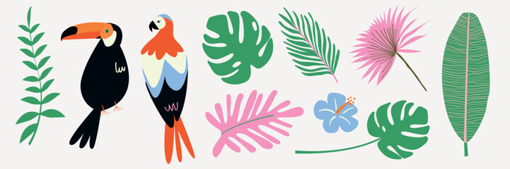 Obraz premium Colorful tropical birds and leaves illustration. Features vibrant birds, lush leaves, and tropical plants. Perfect for tropical-themed designs and decor. Animal illustrations, isolated vector set.