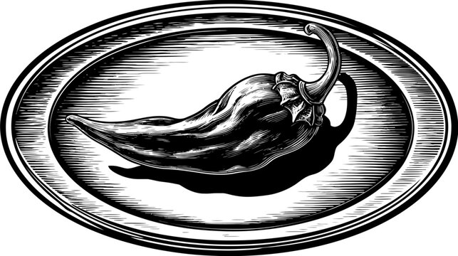 Etched black and white image of a chili pepper on an oval platter, stylized