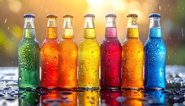 Botellas de refrescos de colores sobre superficie mojada con luz brillante y efecto vibrante