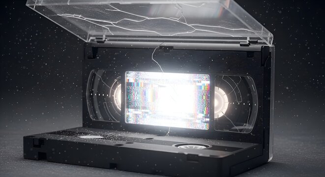 Retro VHS tape with glitch effect, broken case, nostalgic technology, digital corruption