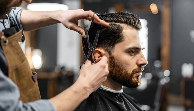 Barbero cortando el pelo a un cliente en una barber&iacute;a moderna con luz c&aacute;lida