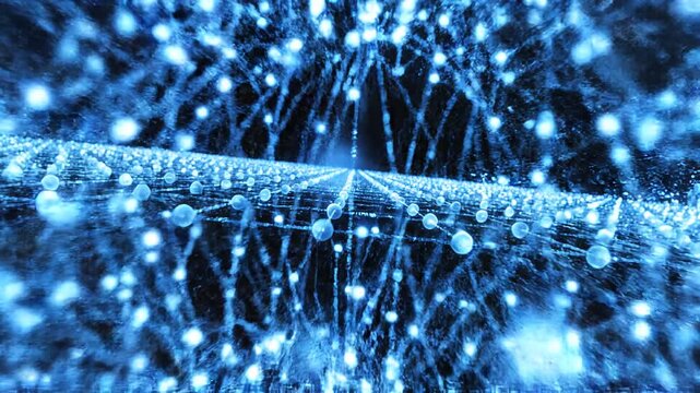 青く光るデジタルネットワークの内部をカメラが飛行するように駆け抜けるフライスルー映像 &mdash; 未来的なサイバー空間の没入感ある動画背景素材