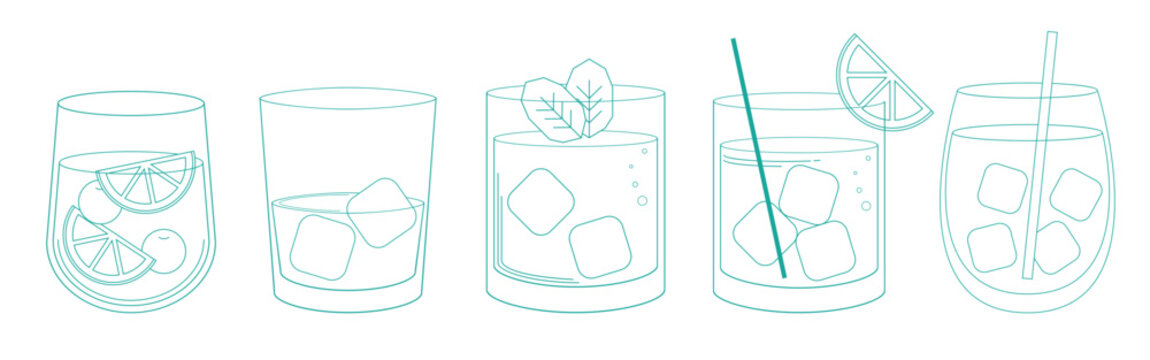 Line art of various cocktails with ice, lime, and mint. Cocktails in glasses, featuring ice cubes, lime slices, and mint leaves. Refreshing cocktail designs. Party illustrations, element vector set.