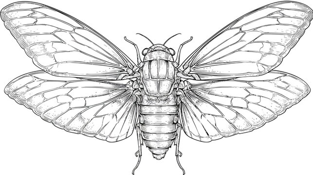 Detailed illustration of a cicada with its wings fully extended, set against white