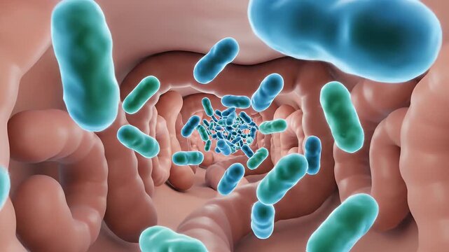Microscopic view of a healthy gut microbiome with diverse probiotic bacteria in a pink intestinal environment CG animation
