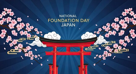 Japan showa day celebrating foundation day with cherry blossoms and torii gate