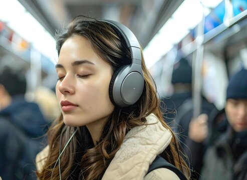 Mujer joven con auriculares escuchando m&uacute;sica durante un trayecto en transporte p&uacute;blico
