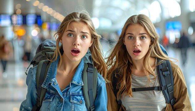 Dos j&oacute;venes viajeras sorprendidas con mochilas en un aeropuerto con fondo desenfocado