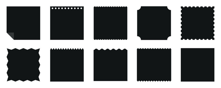Set of 10 black square silhouettes with various edges. Different square edges, including zigzag, scalloped, and straight. Square shapes with unique borders. Memo element vector set.
